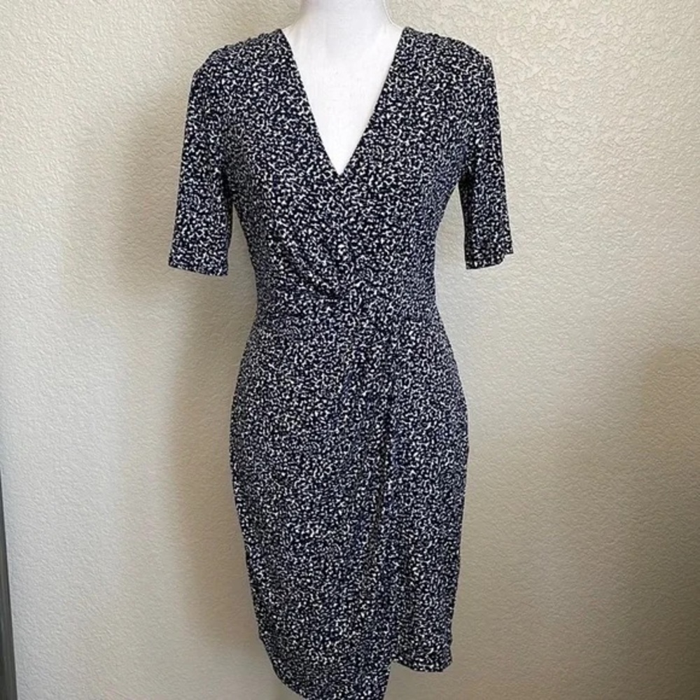 Womens Banana Republic Blue Print Knotted Faux Wrap Dress Stretch Fitted